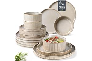GBhome Stoneware Dinner Sets for 6 People, 18 Pieces Reactive Glaze Handcrafted Plates and Bowls Set, Scratch Resistant Dinnerware Set, Dishwasher & Microwave Safe Crockery Set (Cappuccino, Set of 18)