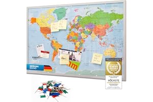 GOODS+GADGETS® Världskarta Pinnbräda med Kork 90x60 cm - XXL | Inramad memotavla med 20 flaggnålar - licensierad karta, upphä