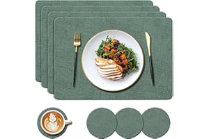 YUNJUER Leather Place mats and Round Coasters Set, Heat-Resistant 212 °F, Non-Slip and Waterproof, Easy to Clean, PU Table Mats for Kitchen, Home, Restaurant, Dining Table, 8 Pieces, 43x30cm, (Green)