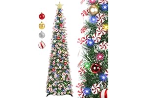 HMASYO 5FT/1.5M Pop Up Christmas Tree with Timer Lights and Decorations, Green Tinsel Christmas Tree with Candy and 24 Balls Ornament, Collapsible Pencil Tree Xmas Decoration for Home, Office, Party
