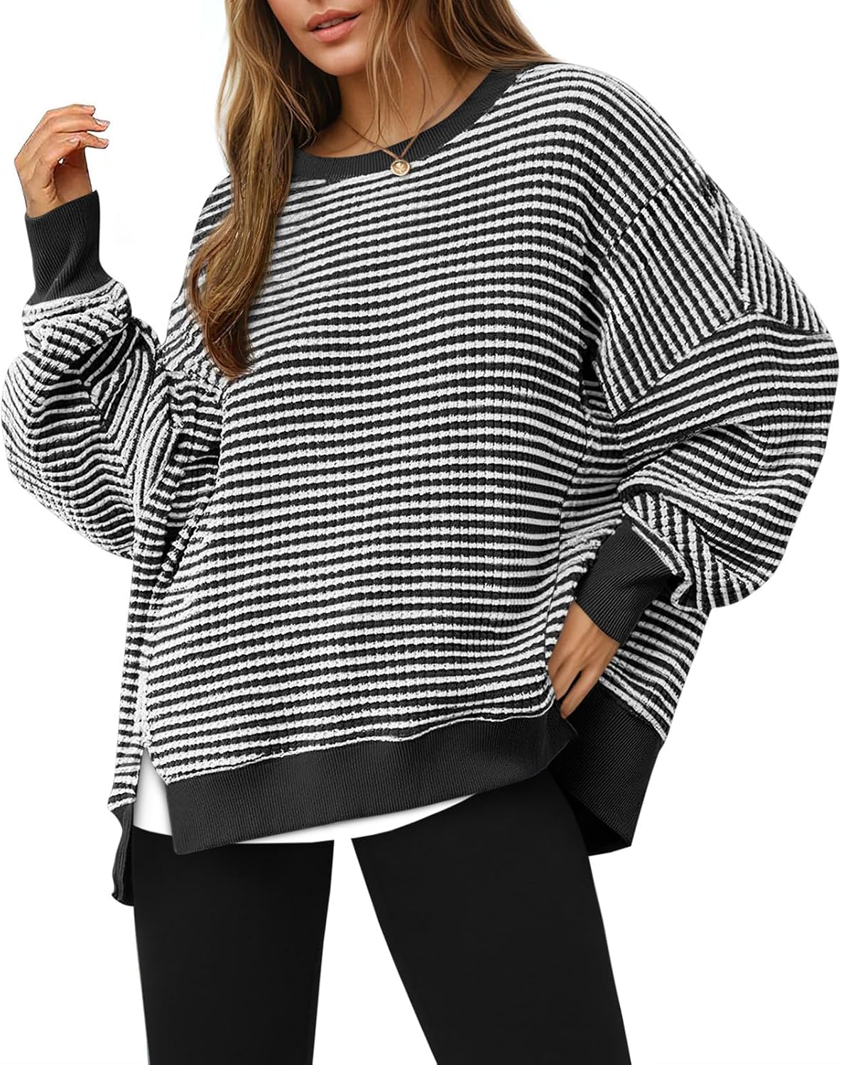 Sudadera de otoño de gran tamaño para mujer, informal, de punto gofre, manga larga, cuello redondo, dividida, túnica