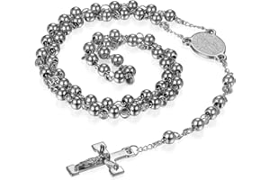 Flongo Collana Rosario da Uomo,Collane Novelty Y,Collana Catena Lunga con Pendente Croce Crocifisso,Rosario Cattolico con Medaglia Fatto a Mano,Regalo Natale