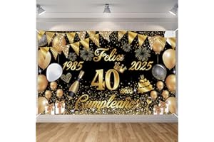 Pancarta Feliz Cumpleaños 40 Anos 1985-2025, Seutgjie Happy Birthday Decoracion para Mujer Hombre para Fiesta Cumpleaños 40 Oro Negro 180 x 110 cm