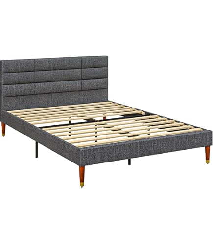 Letto Matrimoniale Imbottito 140x200 Cm - Testiera Alta In Tessuto Con Doghe In Legno - Foto 7