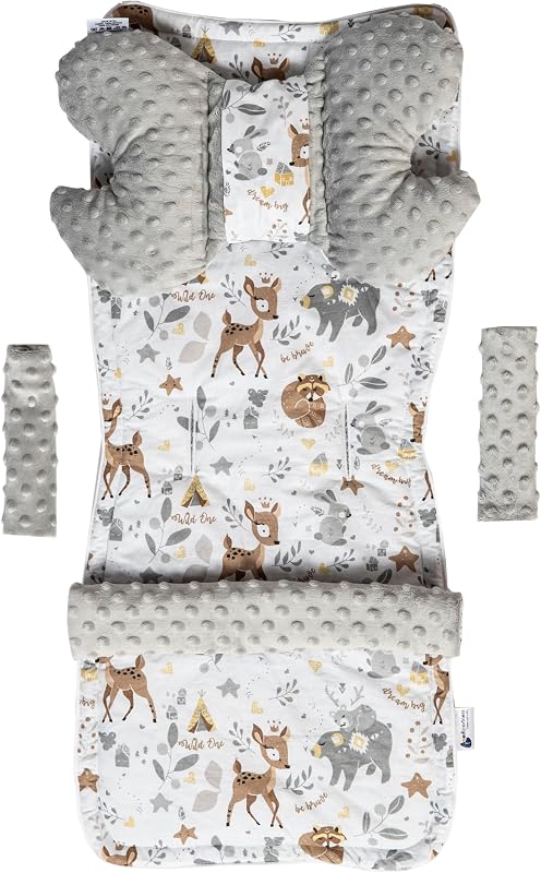 Medi Partners Riduttore Passeggino Universale Materassino Copri Neonato Cuscino - 5 elementi 78x35cm Copripasseggino Estivo per Neonati Cotone Minky (Cervo con Minky grigio)