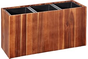 Amazon Aware Jardinera rectangular de madera de acacia de 66 cm con tres revestimientos interiores de plástico, marrón