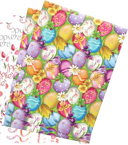 Carta Da Regalo Pasqua - 8 Fogli 70x50 Cm, Motivi Pulcini E Coniglietti, Con Forbice E Nastro - Foto 5