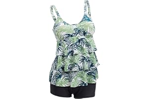ECUPPER Womens Tankini Sets Swimsuits Ruffled Flounce Printed Swim Tops and Shorts 2 Piece Plus Size Swimming Costume