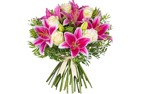 Lys et Roses - Composition florale fraîche livrée à la main- Cadeau élégant avec expédition le lendemain -Idéal pour un anniversaire, un anniversaire, des condoléances, une célébration ou un