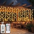 Battery Icicle Curtain Lights with Remote, 4M x 1M 200 LED Fairy Lights Curtain Outdoor Waterproof Window Light with Timer 8 Modes Dimmable for Eave Bedroom Gazebo Wall Party Decor (Warm White)