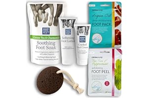 FREYPAC Foot Care Pedicure Bundle, 6 Piece Set. Soothing Foot Soak, Softening Foot Lotion, Cracked Heel Repair Cream, Argan Oil Foot Pack, Green Tea Chamomile Foot Peel, Natural Volcanic Pumice Stone