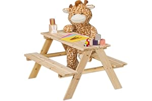 Relaxdays Mesa Pícnic Infantil, Banco Jardín Niños, 51 x 90 x 78 cm, para Jugar, para 4 Infantes, Madera, Natural