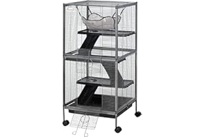 PawHut Jaula para Animales Pequeños de 4 Niveles Jaula para Roedores con Ruedas 2 Puertas 3 Rampas Hamaca Colgante y Bandeja Extraíble para Chinchillas 52x52x113,5 cm Gris Plateado