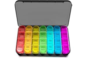 ZOKSI Pillendose 7 Tage 4 Fächer, Tablettenbox 7 Tage 4 mal am Tag, Pillendose 7 Tage Morgens Abends, Tragbar Medikamentenbox zur Aufbewahrung von Tablets (Abnehmbar/Regenbogen schwarz)