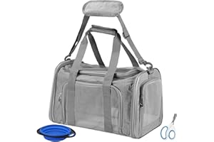 Vuxava Transportbox für Katze und Hund, Faltbare Transporttasche, atmungsaktive Katzentransportbox, mit Schultergurt & waschbarem Kissen (Grey L)
