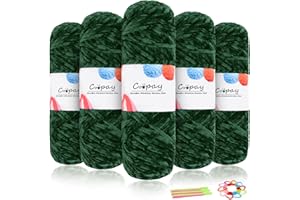 ‎COOPAY Coopay Samt Chenille Wolle zum Häkeln, 500g (5x100g) Velvet Chenillegarn, Dicke Wolle zum Stricken, Flauschige Weiche Samtig Chenillewolle mit Häkelzubehör für Schals, Decken - Dunkelgrün