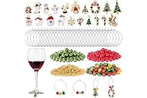 WILLBOND 670 piezas de dijes de copa de vino de Navidad, varios esmaltados, colgantes de copa de vino, anillos de campanas de Navidad, cuentas doradas, cuentas rojas y verdes para marcadores de copa