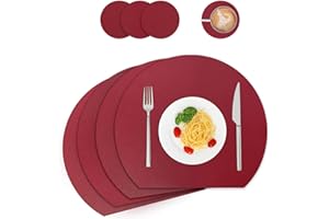 ‎WAKOSAN Tischsets und Untersetzer aus Kunstleder, Platzdeckchen abwaschbar,Platzsets abwaschbar,Tischdeko,Tischset rund,Platz-Matten für Küche Speisetisch,4er-Set (Halbkreis, Weinrot)