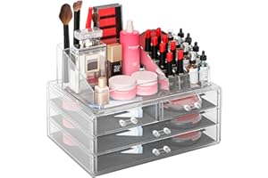 BQKOZFIN Clear Acrylic Makeup Organiser with 4 Drawers, Stackable Cosmetic Storage Box for Dressing Table/Bathroom Counter, Vanity Display Case for Brushes, Lotions, Lipsticks, Nail Polishs
