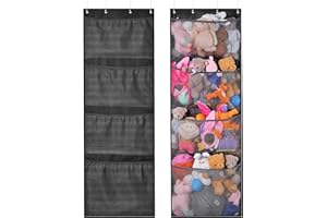 IDAHSOR Stuffed Animal Storage,Over The Door Organizer Stuffed Animal Net Or Hammock Hanging Organizer,Hanging Storage Holder for Bedroom Bathroom with Support Rods,4 Large Pockets (Black)