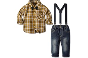 Yilaku Tuta Casual Autunnale da Bambino Pantaloni Scozzesi per Ragazzi + Papillon + Bretelle Staccabili + Bottoni 4 Pezzi Abiti da Gentiluomo