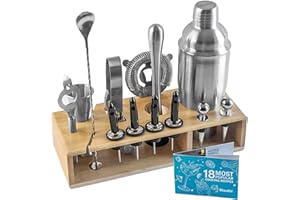 BLAUKE Zestaw Shakerów do Koktajli z Podstawką - 17 Częściowy Zestaw Barmański do Miksologii, Zestaw Barowy: Shaker do Martini 750ml, Jigger, Sitko, Muddler, łyżka do Mieszania, Szczypce - Akcesoria Barowe