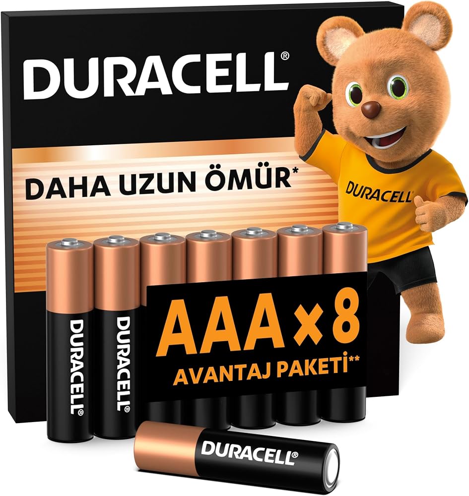 DURACELL BASIC AAA Alkalin İnce Kalem Pil (8’li paket) – 1,5V | Daha Uzun Ömürlü – Günlük Cihazlar için Güvenilir Güç – Plastik İçermeyen Ambalaj