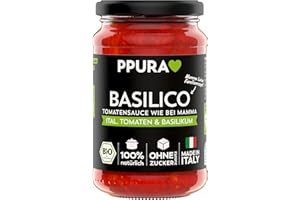 PPURA Bio Tomatensauce Basilico | Pasta-Sauce mit italieischem Basilikum | Sugo Made in Italy | 100% Natürlich | Nudel-Soße Vegan Zuckerzusatz & Konservierungsstoffe | 340g Glas