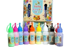 TOTA Rangoli Colours Powder Bottles (80 gm Each). Set of 10 Unique Rangoli Colors in Special Squeeze Bottles - 800 Gram. Kolam Rangoli Powder Tool for Floor Rangoli, Art, Craft, Home Decor, Pooja