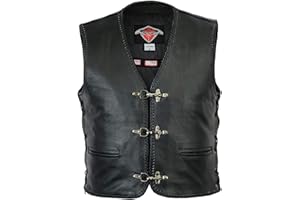 Texpeed Mens Real Leather Biker Waistcoat Vest Cut - Genuine Motorcycle/Motorbike Quality Buckle Fish Hook Design With Braided Laced Black