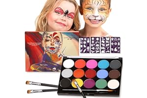 ZZQVIP 15 Kolorów Makijażu Paleta do Makijażu, Zmywalna Farba do Twarzy, Zestaw do Makijażu Ciała z 4 Czterema Szablonami Tatuaży, Rozpuszczalna w Wodzie Farba do Twarzy, Dla Dzieci