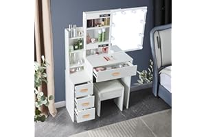 Puselo Dressing Table Vanity Makeup Table with Lights Mirror, Drawers,Cushioned Stool,Large Makeup Desk Set Vanity Desk for Women Girls Bedroom (91202)