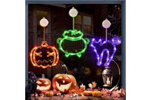 LOLStar Halloween Decorations, 3 Pack Halloween Lights Orange Pumpkin, Green Cauldron, Purple Cat Window Lights with Suction Cups Battery Operated Lights Indoor Window Decor, Slow Fade Mode and Timer
