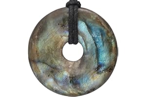 Lebensquelle Plus Edelstein Donut Ø 40 mm + Baumwollband + Edelsteinkarte | Naturstein Anhänger Halskette | Echte Heilsteinkette inkl. Band