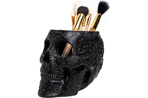 The Wine Savant Skull Makeup Brush Holder and Pen Holder Extra Large, Strong Resin Extra Large Halloween, Black Skull Brush Holder