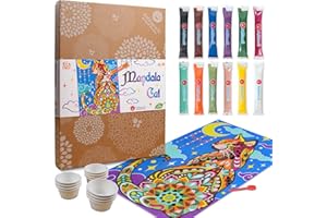 Sabbiarelli Sand-it For Fun - Set Mandala Gatto, Maxi Kit Creativo di Sand Art per Ragazzi e Adulti: 12 Buste Grandi di Sabbia Colorata, 1 Maxi Poster Adesivo A3 e 12 Vaschette - Idea Regalo Natale