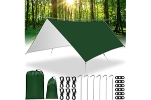MWZEAUL Camping Bâche Anti-Pluie,3x3M Tarp Bivouac Anti UV Imperméable,Tarp Rain Ripstop avec Oeillets,6 Piquets en alu,6 Cordes,Bâche Toile de Tente pour Camping Extérieur,Randonnée,Trekking,Hamac