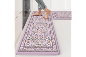 KIMODE Anti Fatigue Kitchen Mat, Cushioned Boho Kitchen Rugs Sets of 2, Farmhouse Kitchen Mats for Floor Non Slip, Waterproof Standing Desk Mats for Laundry Office Sink Purple 17.3"x29"+17.3"x47"