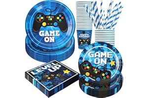 BOIKOKY Video Game Geburtstagsparty Dekorationen, 120 Stück Gaming Themen Partygeschirr Einweg Und Ansprechend Inklusive Pappteller, Servietten, Becher Und Strohhalme | für 24