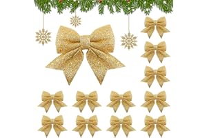 Bingqiling Gold Weihnachtsschleifen 12 Stück mit Glitzer, Weihnachtsbaum Schleifen für Weihnachtsbaum Deko, Weihnachtskranz, Geschenkverpackung, Tischdeko, Party & Festliche Dekoration