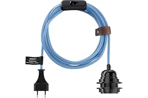 Hoopzi - Fil électrique en Tissu de 4,5M pour Éclairer Partout Chez Vous - Douille Ampoule E27 avec Interrupteur - Créez Votre Suspension Luminaire, Baladeuse, Lampe Suspendue - Bala Bleu Ciel