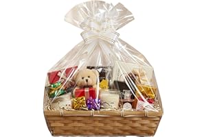 H-Line Christmas Hamper Basket, Rectangular Wicker Gift Baskets, Split Willow Tray, Make Your Own Hampers Kit with Cellophane Wood Shred Bow Set, for Christmas, Parties & Home Decor (Natural)