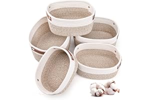 GYBOOM Cotton Rope Storage Basket Bins for Organizing,5 Pack Cube Woven Toy Organizers,Stylish Room Decor Basket With Handles,Clothes Nursery Baskets… (White/Mixed Brown)