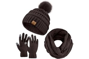 URATOT Winter Warm Knitted Sets Beanie Pompom Hat Scarves Winter Face Cover Touchscreen Gloves Scarf Set for Men Women