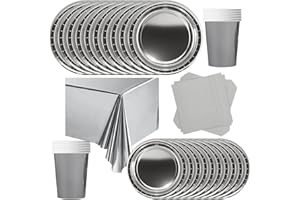 POPOYU Partygeschirr Kindergeburtstag Silber,69 Stück Geburtstagsparty Geschirr Pappteller Set,Tischdecke Papier Tassen Teller Servietten zum Weihnachten,Geburtstag,Hochzeiten,Jubiläums(16 Gäste)