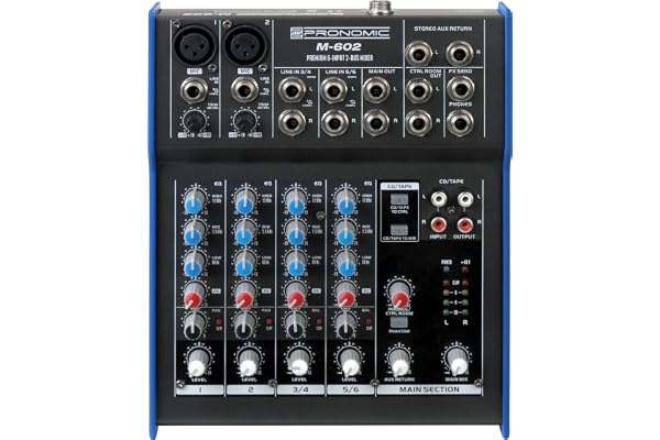 Table de Mixage Pronomic M-602 Live/Studio (2 Canaux Mono XLR/Jack, 2 Canaux Stéréo, Égaliseur 3 Bandes, Alimentation Phantom 48V)