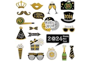 FALAFOTY 2024 Neujahr Foto Requisiten Schwarz Gold Silvester Photo Booth Props Party Dekoration Hut Brille Selfie Requisiten Accessoires für Erwachsene Kinder Silvester Party Zubehör Dekoration (22PCS)