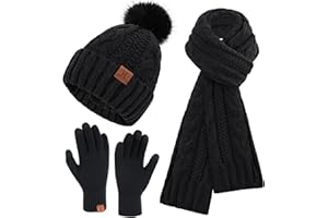 ZASFOU Femme Hiver Bonnet Chapeau Foulard Écran Tactile Gants Ensemble Chenille Pompon Tricot Polaire Doublé Casquette Écharpe Gant Cadeaux pour Femmes