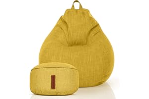 ‎GREEN BEAN Green Bean 2er Set Indoor XXL Sitzsack + Hocker mit EPS-Perlen Füllung - Fußhocker Fußkissen Sitz-Pouf Bodenkissen Liegekissen Sitzkissen Lounge Chair Sitzhocker Relax-Sessel Bean Bag Gelb
