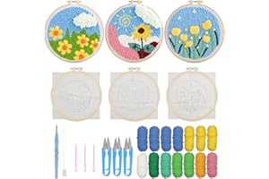 Allazone 3 Pz Punch Needle Kit Completo per Ricamo, Ricamo Starter Kit con Motivo de Fiori e Lstruzioni, Set da Ricamo per Principianti e Adulti